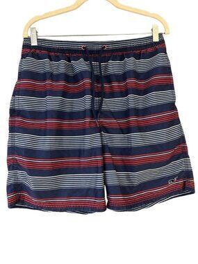 Vineyard Vines Swim Trunks Mens Blue Red Stripe Whale Logo Elastic Waist